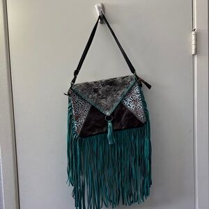 Myra Bag Black and Teal Fringe Shoulder Bag